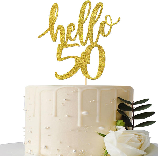 Hello 50 Cake Topper - 50th Birthday / Anniversary Party Decoration Supplies (Gold, Hello 50)