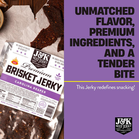 7oz J&K Jerky Carolina Reaper Beef Brisket Jerky - Small Batch American Made Slab Beef Jerky's Spicy and Savory Snack