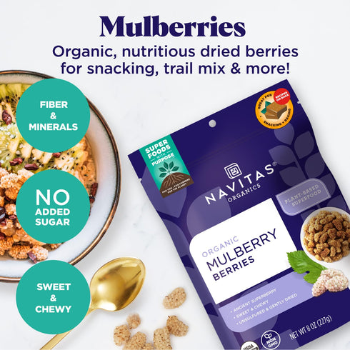 Mulberries Mulberries (8oz. 8 Navitas Organics For Healthy Snacks, Topping, Baking & More Sun Dried White Turkish No