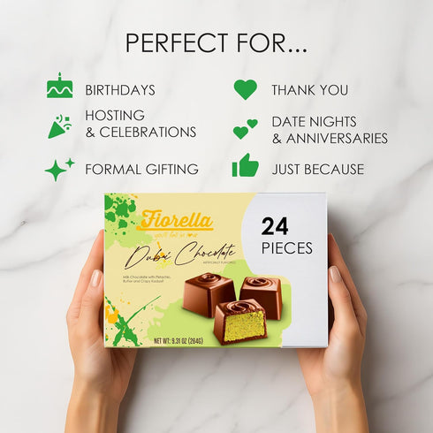 24 Count Fiorella Dubai Style Milk Chocolate Pistachio Squares, Filled Chocolate With Pistachio Butter & Crispy