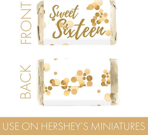 White and Gold Sweet 16 Birthday Party Mini Chocolate Candy Bar Wrappers - 42 Stickers for Sixteen 16th Party Favor