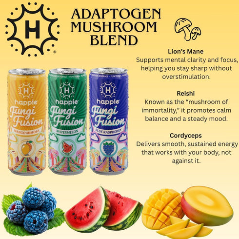 Pack 40 (18 pack, Happie Fungi Fusion Variety Sparkling Adaptogen Drink with Lions Mane, Cordyceps & Red Reishi