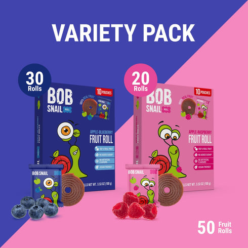 50 Pack, 500g Bob Snail Fruit Roll Ups Natural Fruit Snacks (Blueberry & Raspberry), Vegan, No Added Sugar, Healthy