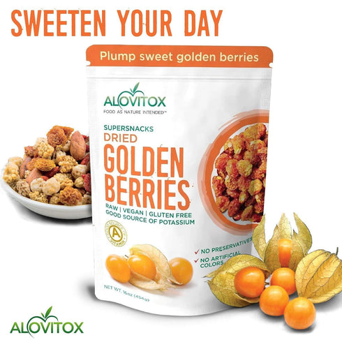 16 oz Alovitox Organic Sun Dried Golden Berries | Raw, Vegan, Gluten Free Super Snack High in Smart Protein, Dietary