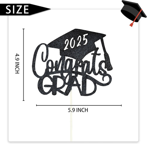 Congrats Grad Cake Topper - Black Glitter 2025 with Graduation Cap - 2025 Graduation Party Decorations