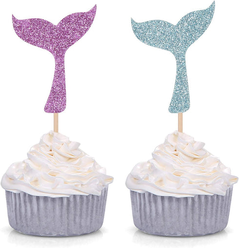 24 PCS Glitter Mermaid Tail Cupcake Toppers for Kid's Themed Party Baby Shower Decors (Purple and Blue)