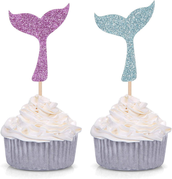 24 PCS Glitter Mermaid Tail Cupcake Toppers for Kid's Themed Party Baby Shower Decors (Purple and Blue)