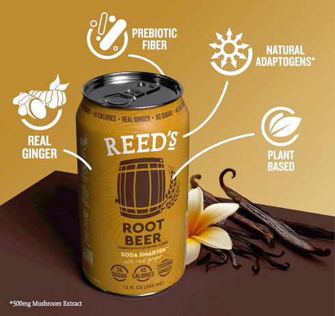 12oz 12-Pack Reed's Root Beer Functional Soda - Organic Ginger, Adaptogen Mushroom Blend, Prebiotics - Cans