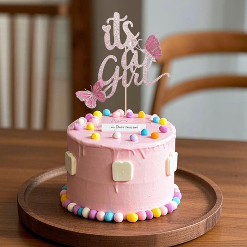 ALISSAR New Double Sided Rose Gold Butterfly Baby Shower Cake Topper Set, It's A Girl Cake Topper & 16 Pink Butterflies