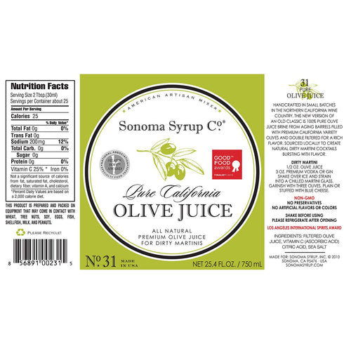 25.4 Oz Sonoma Syrup Co Pure Olive Juice Fl Bar Mixer for Dirty Martini