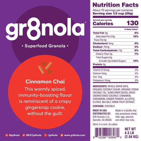 gr8nola 4.5lb CINNAMON CHAI - Healthy, Low Sugar, Vegan Bulk Granola Cereal - Made with Superfoods Cinnamon, Ginger