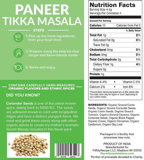 (1 Paneer Tikka Masala spice kit by Flavor Temptations | Home Cook Authentic Indian food | Gluten Free, Salt Free, All