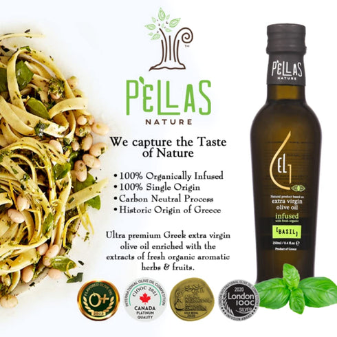 8.5 oz. Pellas Nature, Organic Basil Infused Greek Extra Virgin Olive Oil, Finishing oil, Gold Award Winner, Kosher