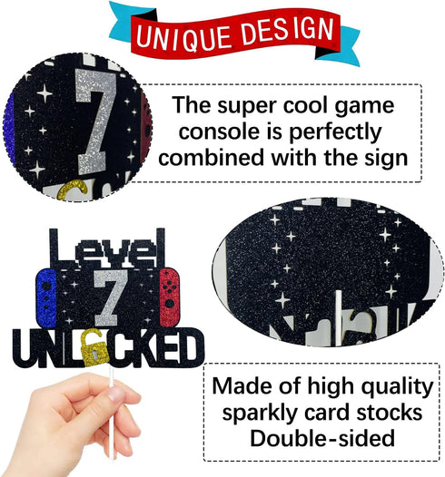 Happy 7th Birthday Video Game Cake Topper - Level 7 Unlocked Decoration for Kids Boys Girls Birthday Party