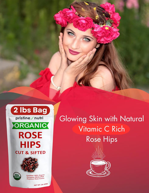 2 lb (32 oz) 100% 95% 140 (Packaging USDA Organic Rose Hips Dried Bulk, Rosehips Cut & Sifted Shells, Seedless