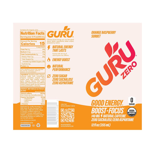140 12 Oz, 12 Pack GURU Zero Sugar Energy Drink,Orange Raspberry Sorbet Organic Sparkling Energy Drink with MG Natural