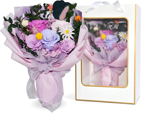Preserved Flowers Bouquet 5 Real Roses, Flowers for Delivery, Long-Lasting Mixed Purple