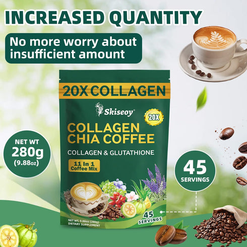 Skiseoy 20x 11-in-1 45 Collagen Chia Coffee - Coffee Shape Mix with Collagen & Chia Seeds, L-Glutathione for Skin, Hair