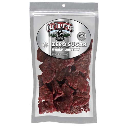 Old Trapper Zero Sugar Beef Jerky, Eight-Ounce Package, Natural Wood Smoked Keto-Friendly Snack, 14 Grams Protein