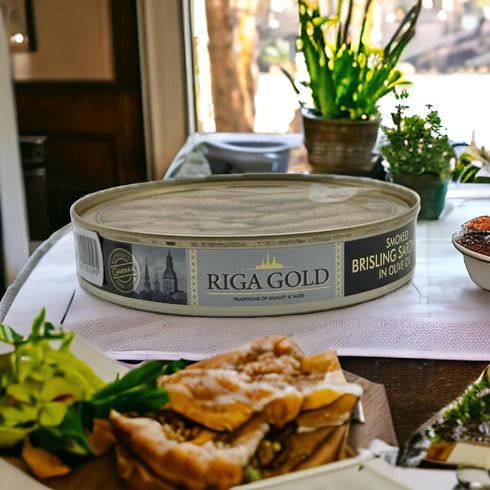 4.23 (120g) (Pack 6) Riga Gold Smoked Brisling Sardines in Olive Oil Clear Top ounces