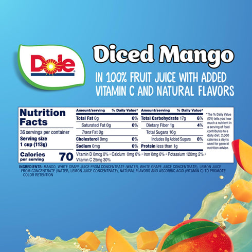 100% 4oz 36 Dole Fruit Bowls Diced Mango in Juice Snacks, Total Cups, Gluten & Dairy Free, Bulk Lunch Snacks for Kids