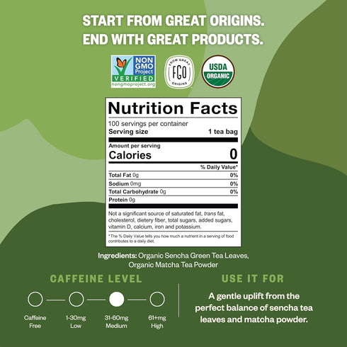 100 Count, Packaging (Pack 1) FGO Organic Japanese Matcha + Green Tea, Eco-Conscious Tea Bags, Resealable Bag, May Vary