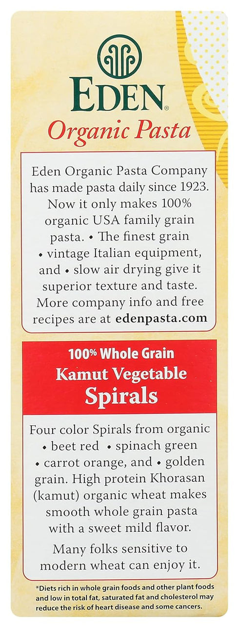 12 oz, 100% Eden Organic Kamut Vegetable Spirals, Whole Grain, Non-GMO