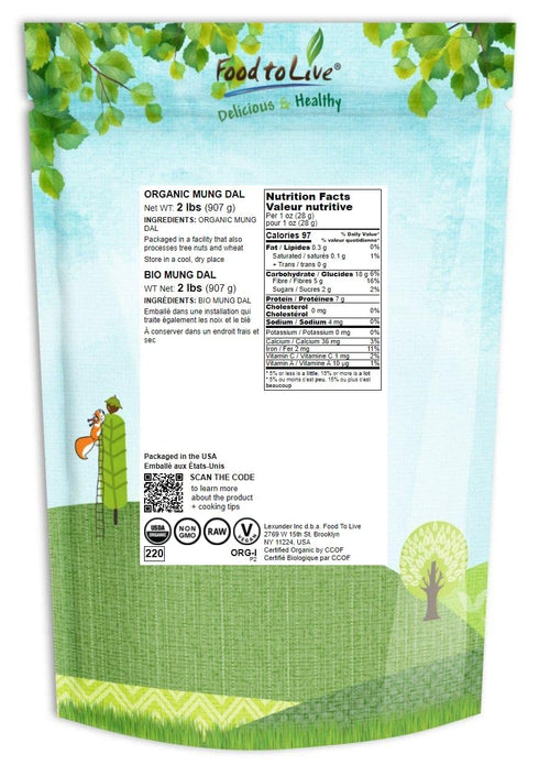 2 Food to Live Organic Yellow Mung Dal, Pounds Non-GMO, Peeled Split Mung Beans (Moong Dal). Ayurvedic Food. Easy