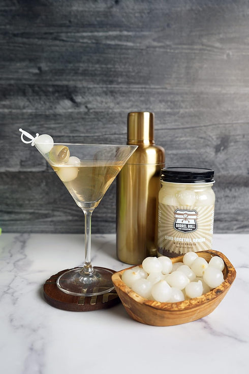 16 Barrel Roll Bar Essentials Cocktail Onions - Classic Sour Silver Skin Pickled Onions with Vermouth in Salty Vinegar