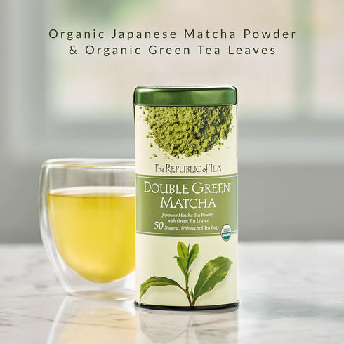 50 The Republic of Tea Organic Double Green Matcha, Individual Tea Bags with Japanese Matcha Tea Powder and Green Tea