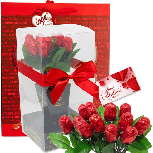 Meet Novelty Dozen Valentine Chocolate Flower Bouquet | One Red Sweetheart Roses | Individually Wrapped in Foils