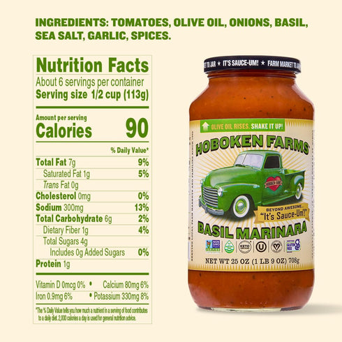(25 Oz, Pack 2) Hoboken Farms Basil Marinara Sauce No Sugar Added, Low Sodium, Non-GMO, Preservative-Free, Low Carb