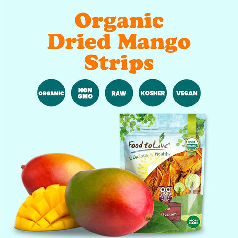 3 Food to Live Organic Dried Mango Strips, Pounds Non-GMO, Unsulphured, Unsweetened and Delicious Fruit Snack, Chewy