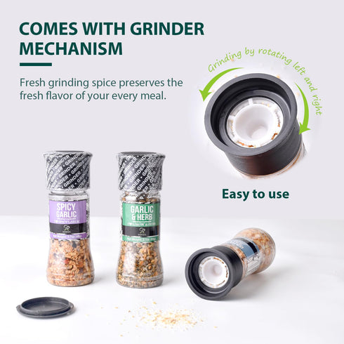Soeos Spice Seasoning Set of 3 with Integrated Grinders: Spicy Garlic, Garlic & Herbs, Garlic Salt, Seasoning Gift Set