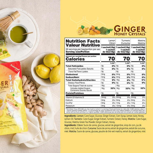 30 Prince of Peace Instant Ginger Honey Crystals Assorted, Sachets Instant Hot or Cold Beverage that Soothes Throat