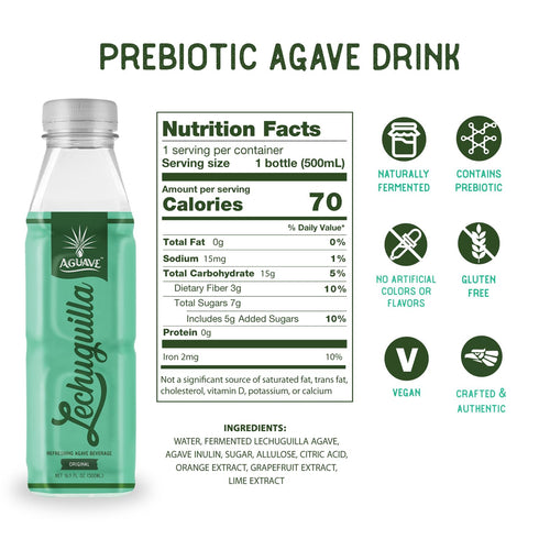 AGUAVE 12-Pack Prebiotic Mexican Drink Fermented Agave LECHUGUILLA Beverage | Low Sugar Healthy Soda Alternative |