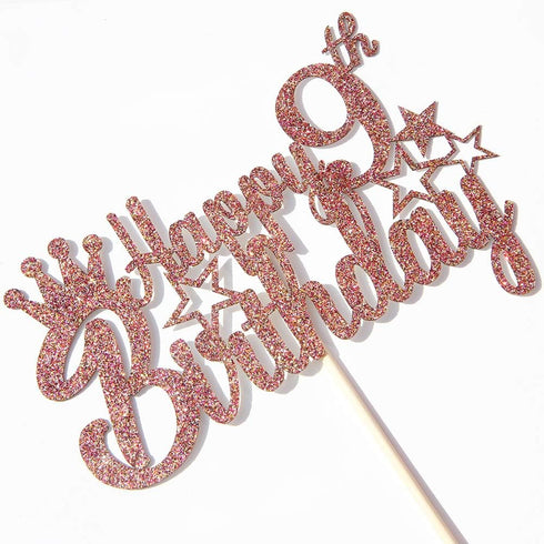 Rose Gold Glitter Happy 9th Birthday Cake Topper - Kids 9th Birthday Anniversary Party Decoration Supplies