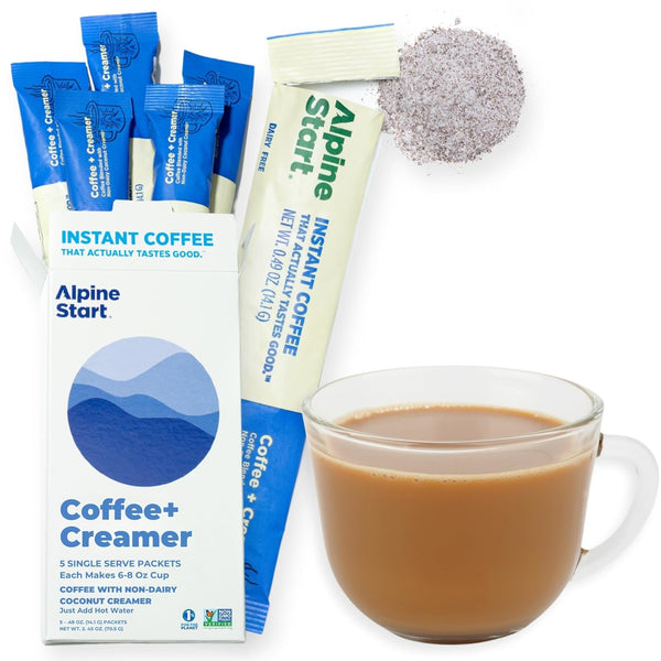 Alpine Start Instant Coffee Packets with Creamer - Single Serve Latte Powder Mix from Arabica Coffee Beans