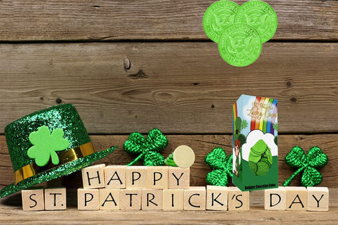 (2 Fruidles St. Patrick's Day White Coins, Green Foil Design Gelt in Leprechaun Box, Kosher Pounds)