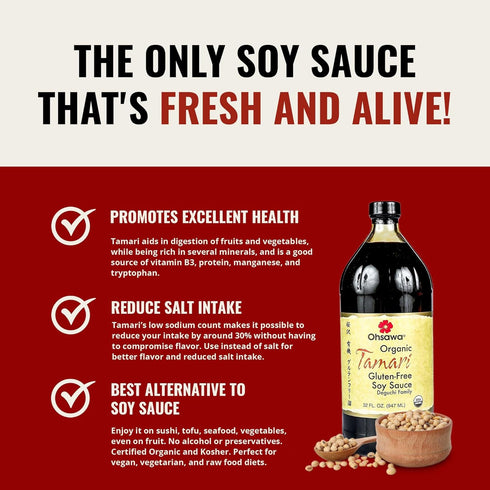 32 Oz Ohsawa - Wheat-Free Tamari Soy Sauce - Traditionally Brewed, Gluten-Free, Non-GMO, Ideal for Cooking, Marinades