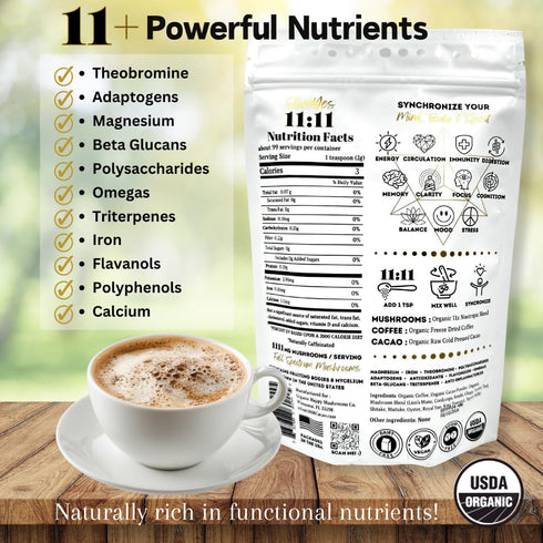 11 7oz OhmYes Mocha Mushroom Coffee with Pure Cacao | Organic Mushroom Adaptogen Blend (Lions Mane, Reishi, Chaga