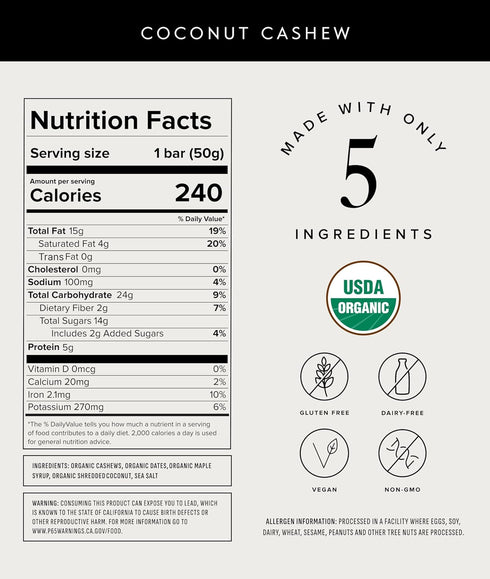 1 Pack 5g Truvani Plant Based Snack Bars | Coconut Cashew | Protein | USDA Organic and Vegan | The Only Bar | Dairy