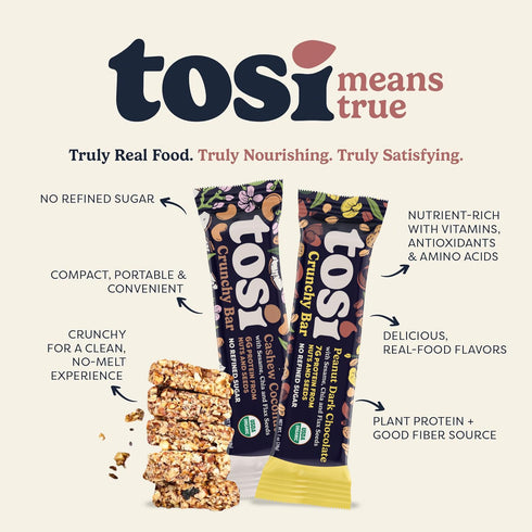 3s, 6G/8G 1 oz, 12-Pack Tosi Cashew Coconut and Dark Chocolate Peanut Protein Bars Combo, Plant Based with Nuts