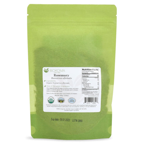 Biokoma Pure Organic Rosemary Dried Leaves, 100g (3.55oz), Resealable Moisture Proof Pouch, USDA Certified Organic.