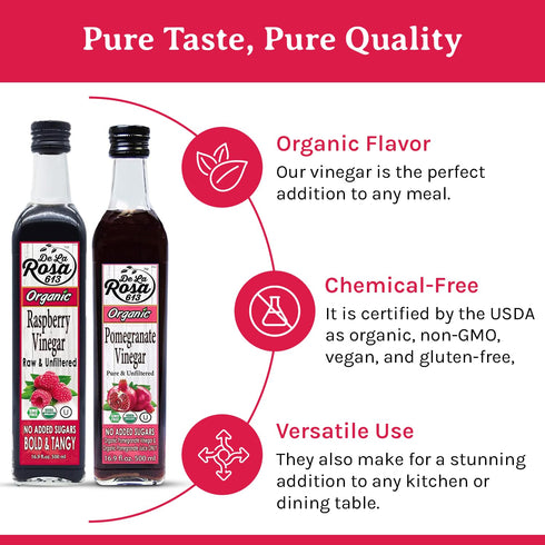 100% 16.9 Oz (Pack 2) De La Rosa Organic Raspberry & Pomegranate Vinegar, Raw & Unfiltered, Vegan, Gluten Free