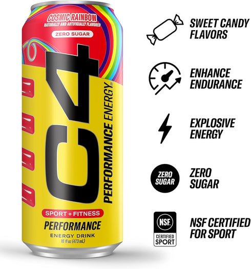 C4 200mg 16 Oz (12 Pack), Packaging Performance Energy Drink Cosmic Rainbow, Zero Sugar Carbonated Preworkout Energy