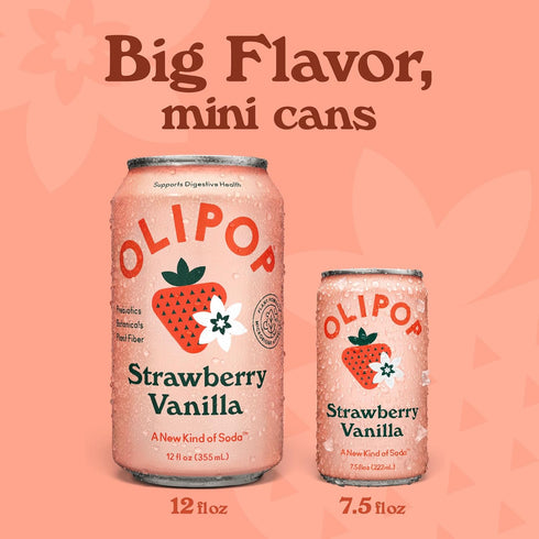Pack Packed 7.5oz (6-Cans) OLIPOP Minis Prebiotic Soda Pop, Strawberry Vanilla, Pantry with Prebiotics, Fiber