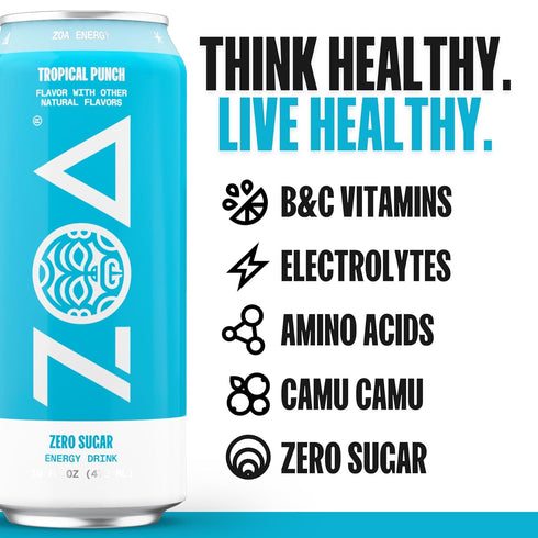 16 (Pack 12) ZOA Zero Sugar Energy Drinks - Tropical Punch | Healthy Energy Formula with Natural Caffeine, Daily