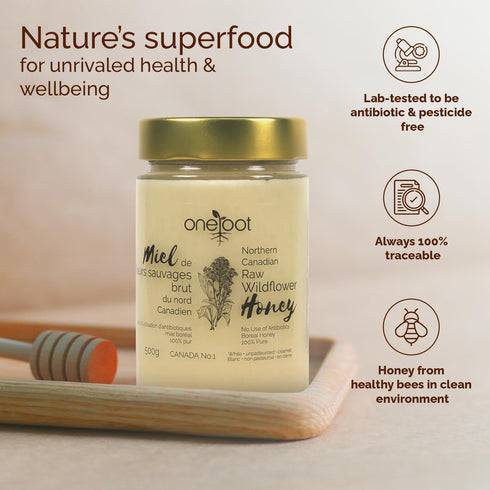 500g 1.1 lbs Antioxidant-Packed OneRoot Raw Honey Bundle Buckwheat & Canadian Wildflower Honey Unheated & Nutrient-Rich