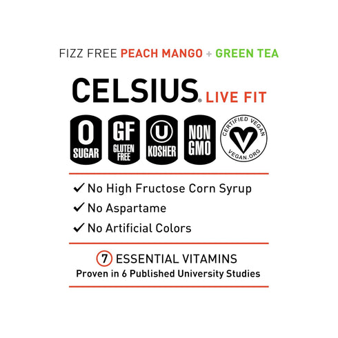 12 Oz (Pack 12) CELSIUS Fizz Free Peach Mango Green Tea, Sugar Free Energy Drink, Fl
